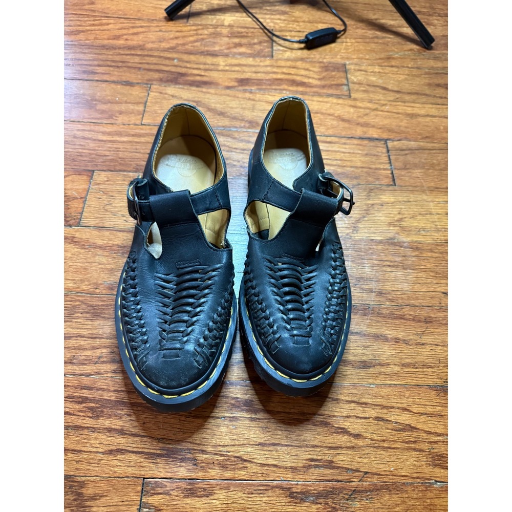Dr. Martens Lave Woven Mary Jane Black Leather Platform T-Strap Shoes Women 8